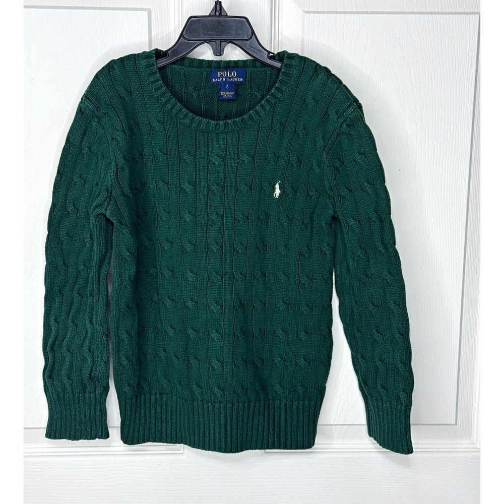 Polo Ralph Lauren Boys Emerald Green Cotton Cable Knit Crewneck Sweater 7